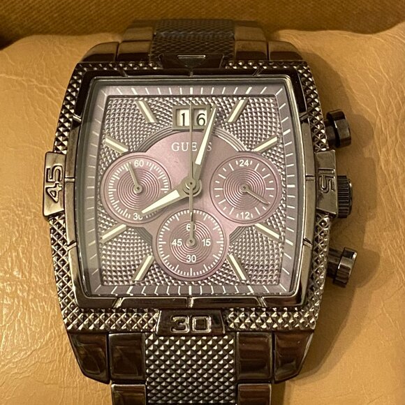 Men's GUESS Watch Gunmetal Gray Classic Rectangular Face and Steel Band with Box - Picture 2 of 9